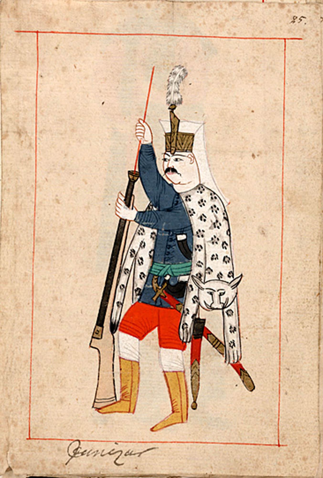 Painting of an Ottoman soldier as he cleans the barrel of his gun. The soldier wears a blue tunic and a fur coat made from a large cat.