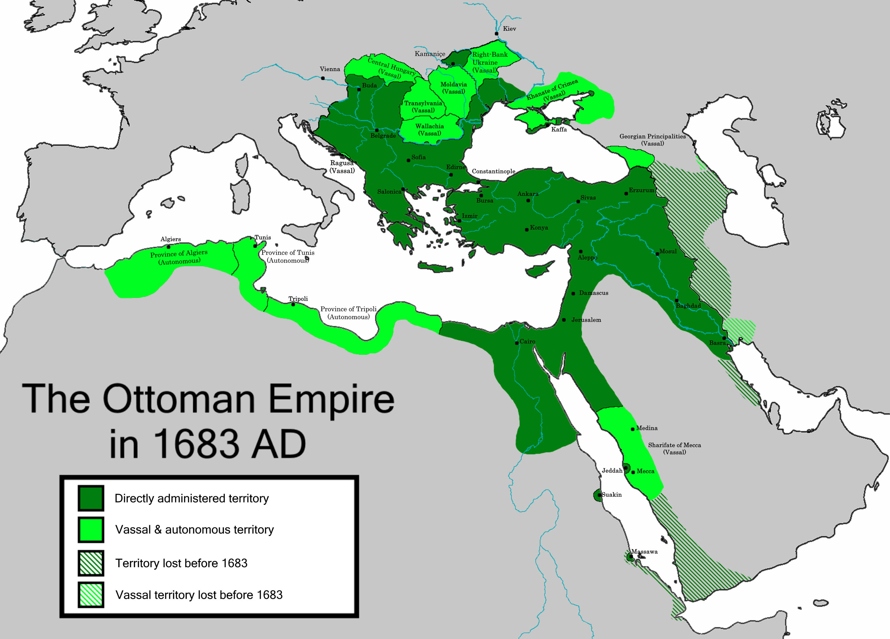 Map of Mediterranean region with the borders of the Ottoman Empire at it’s largest size highlighted in green.