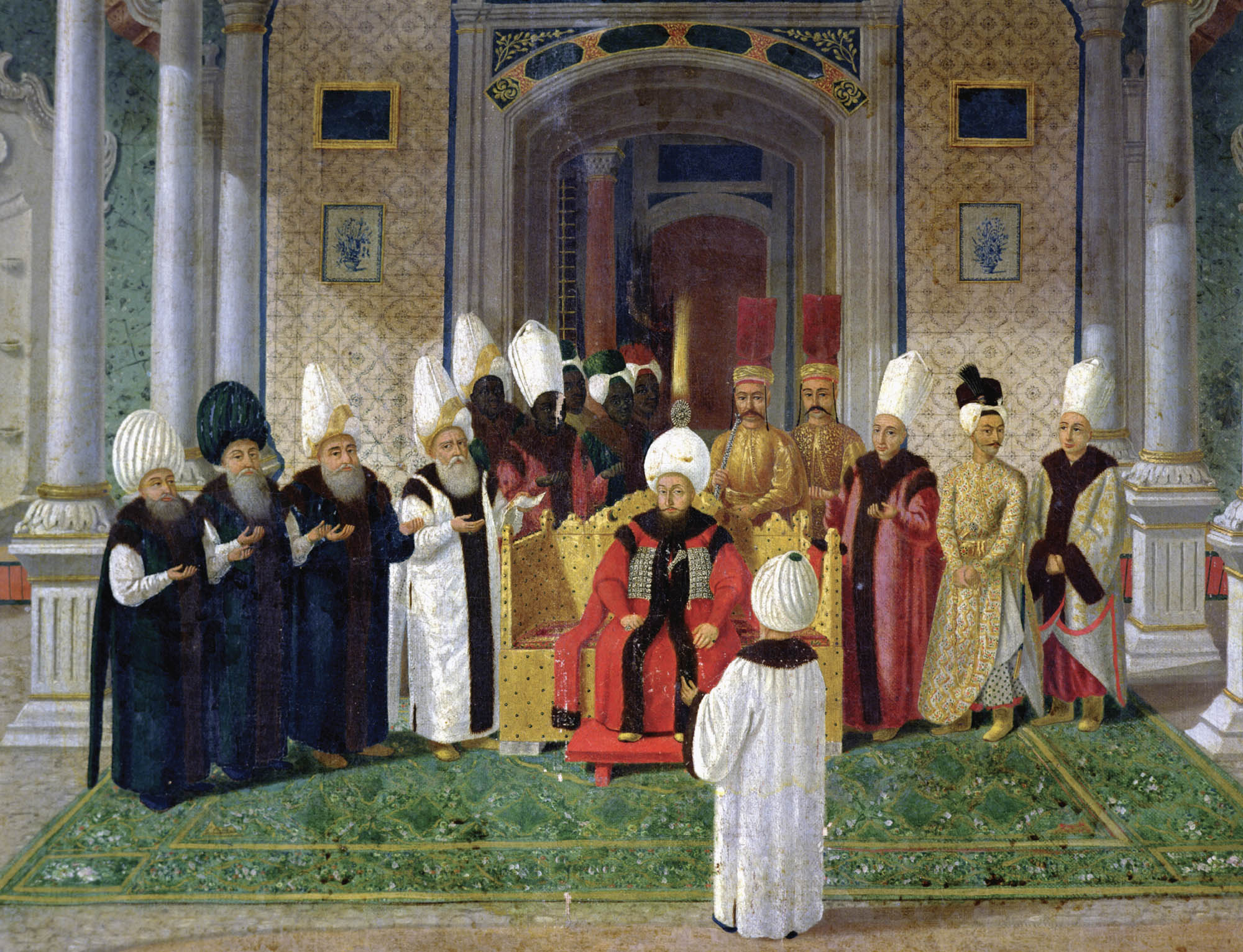 Painting of the Ottoman Sultan, Selim III, sitting atop a golden throne with his court of advisors and servants standing behind him.  