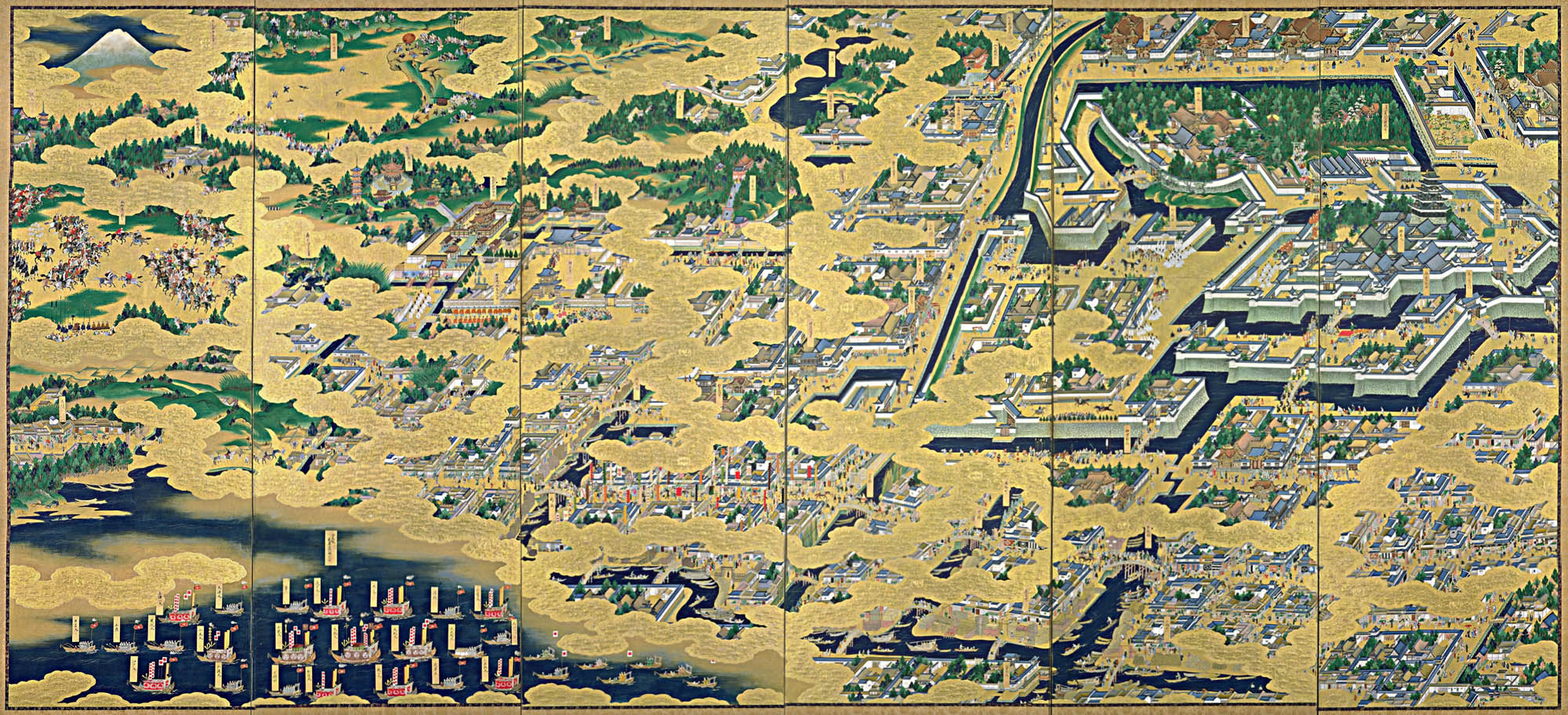 Painting of the city of Edo from a bird’s eye view. The detailed map contains paintings of the walled-off Edo Castle as well as the mountainous terrain, other city structures, and the ocean port where ships can come in.