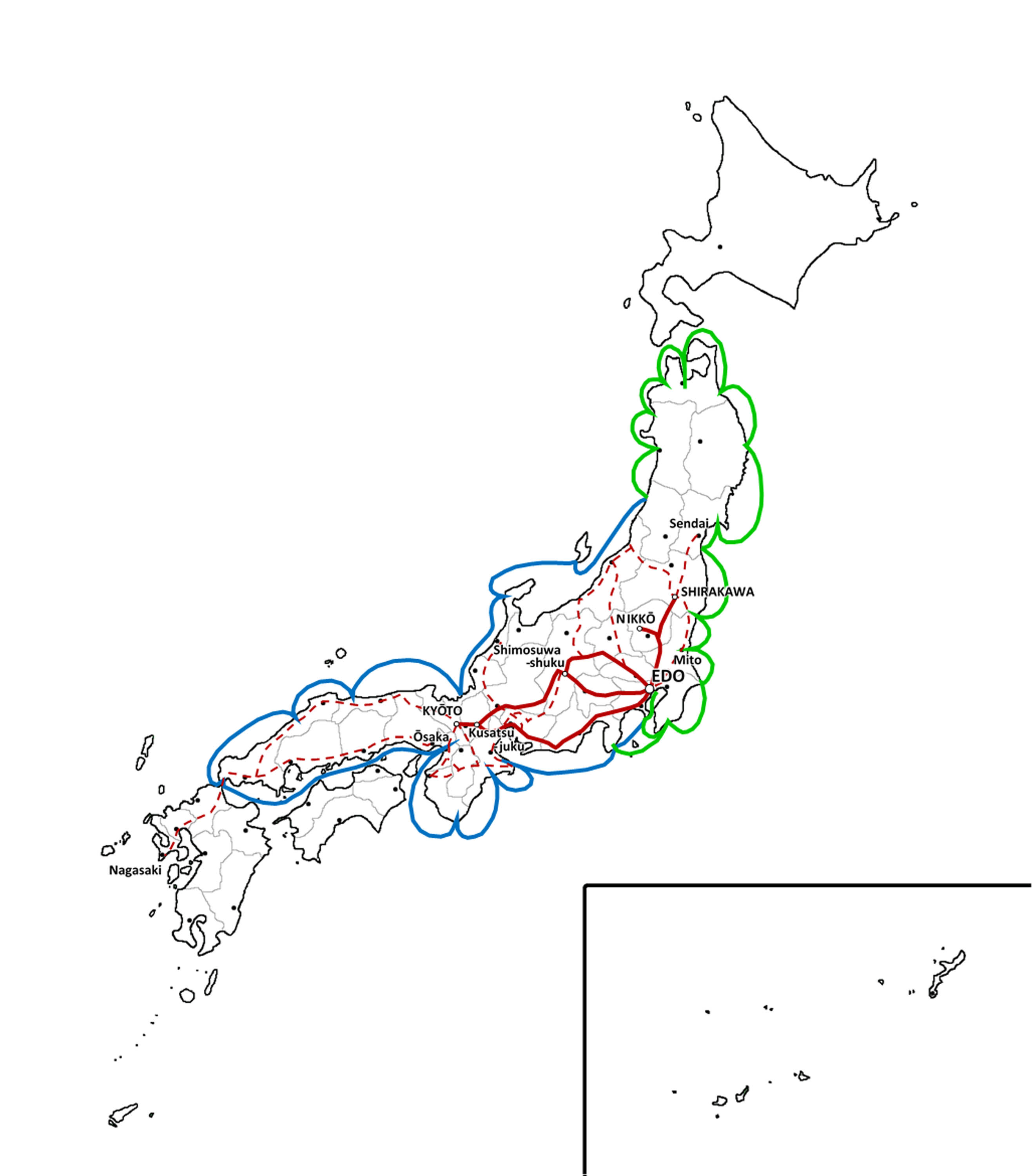 Map of Japan with colored lines representing the land and sea routes used during the Tokugawa Shogunate.