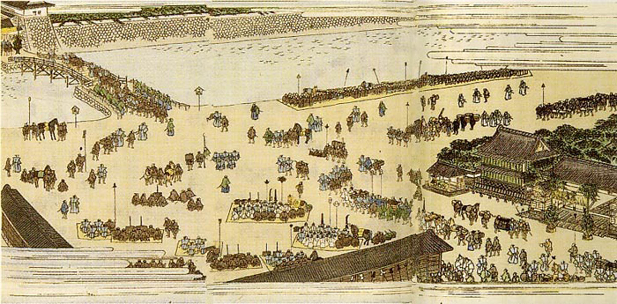 Painting depicting the arrival of hundreds of Japanese daimyo as they cross over a bridge into the city of Edo.