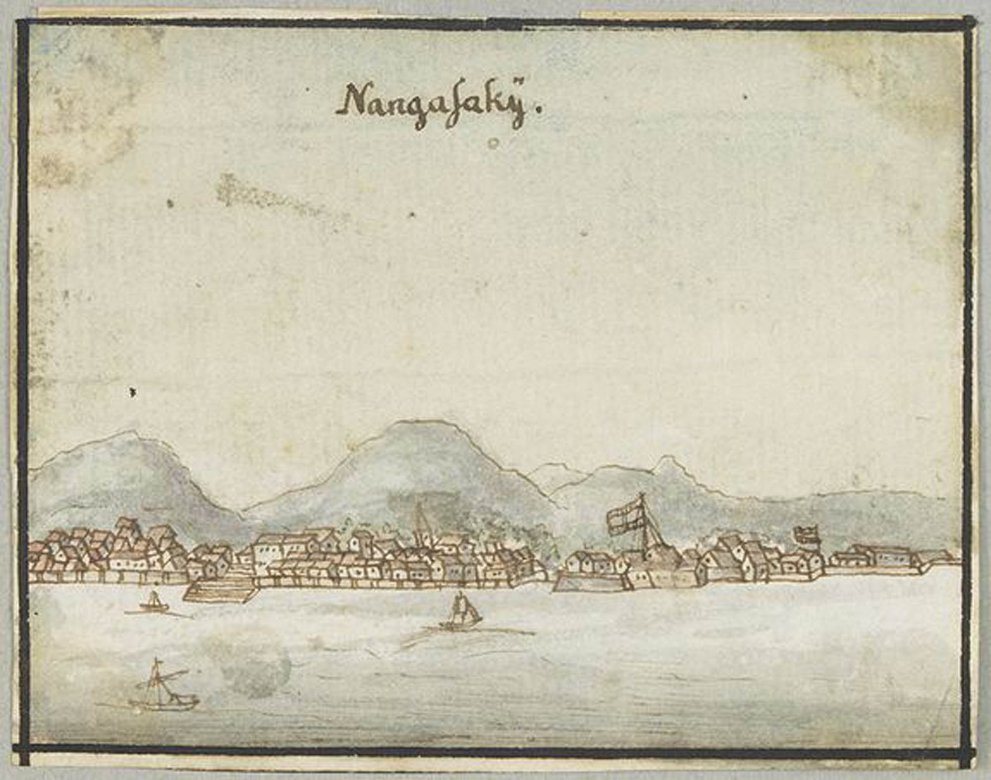 Painting of a port city surrounded by mountains with three small ships just off the shore.