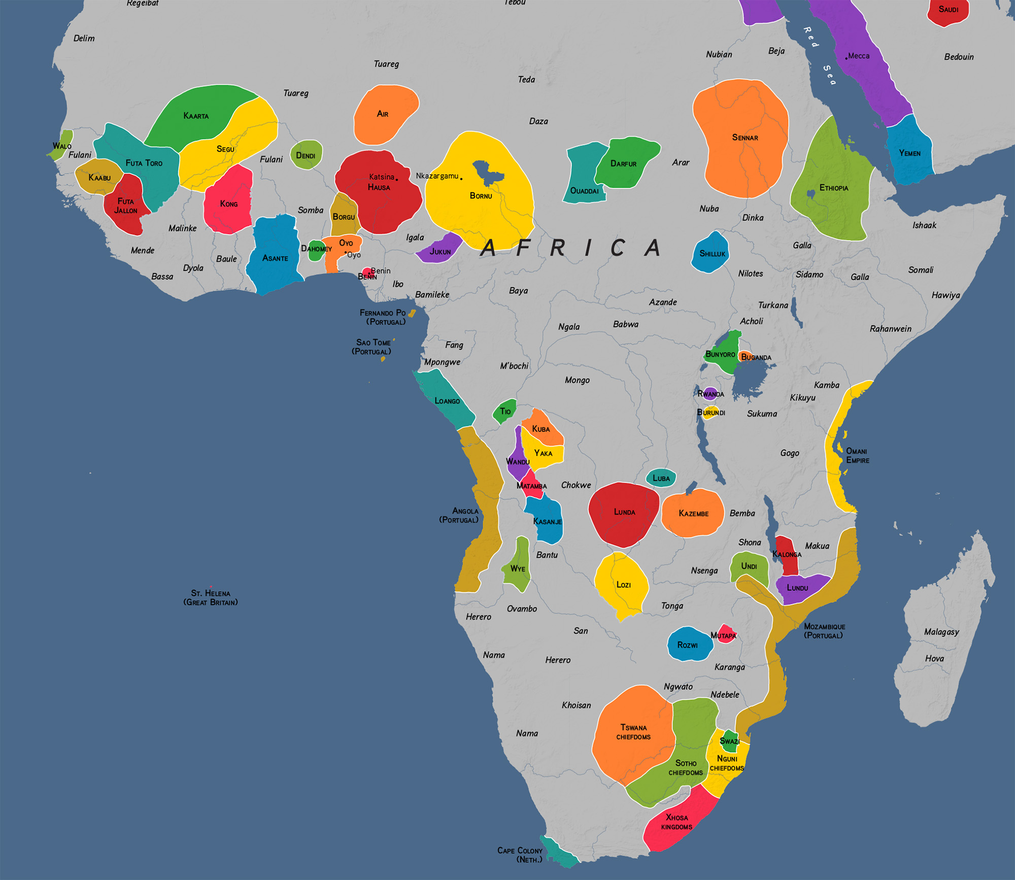 Map of sub-Saharan Africa with the borders of individual societies highlighted in different colors.