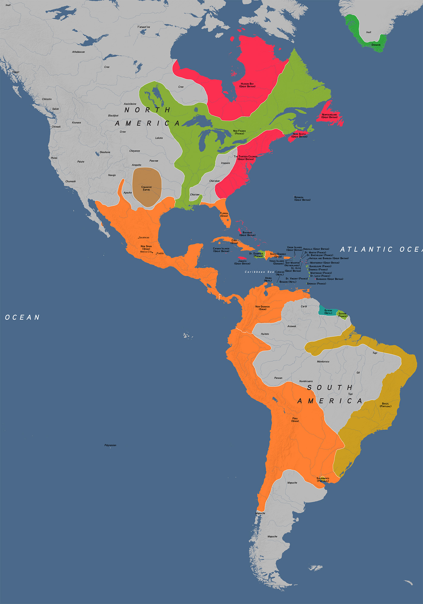 A map of the Americas in 1750 with empires highlighted in different colors.