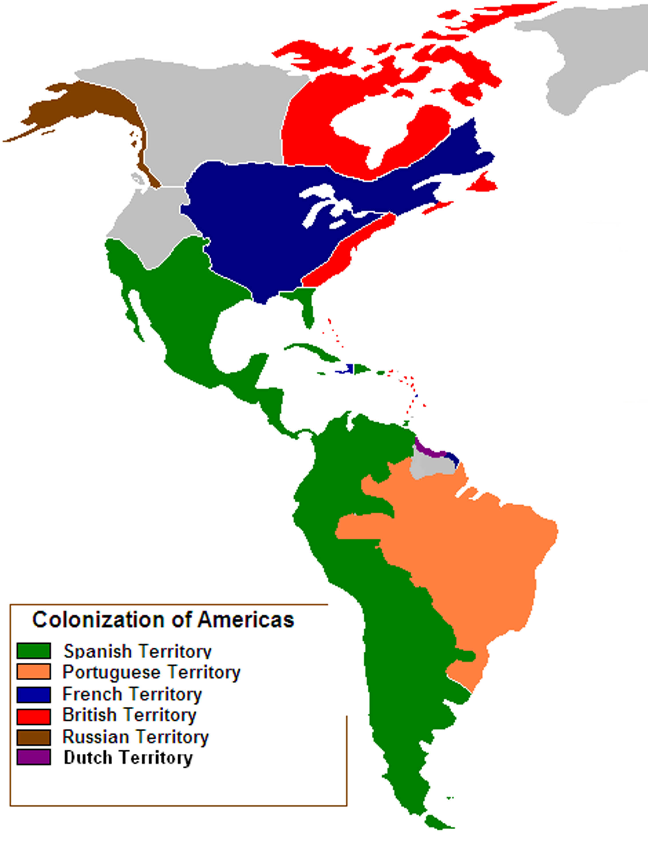 Map of North and South America showing European colonization of the two continents.