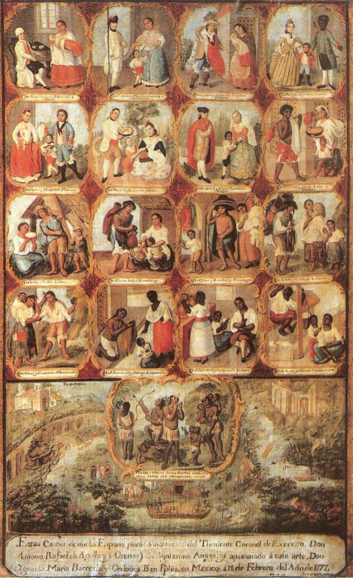 Painting of 16 different family units of various skin tones and races. Descriptions underneath each family contain the term used to identify their mixed-race children. Families with lighter skin tones are depicted higher up along the social hierarchy.