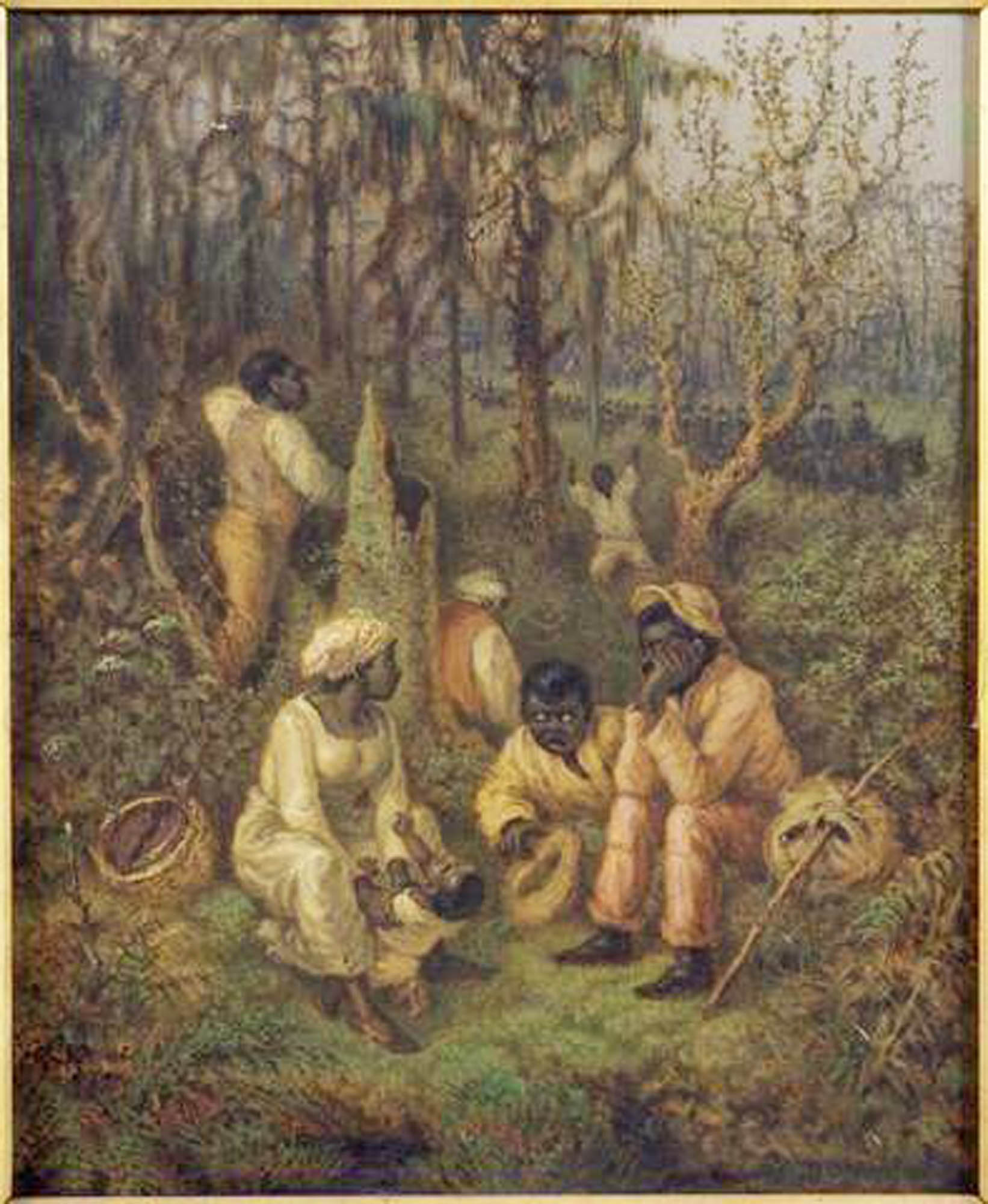 Painting of fugitive slaves hiding in a forest as European men ride by on horseback.  