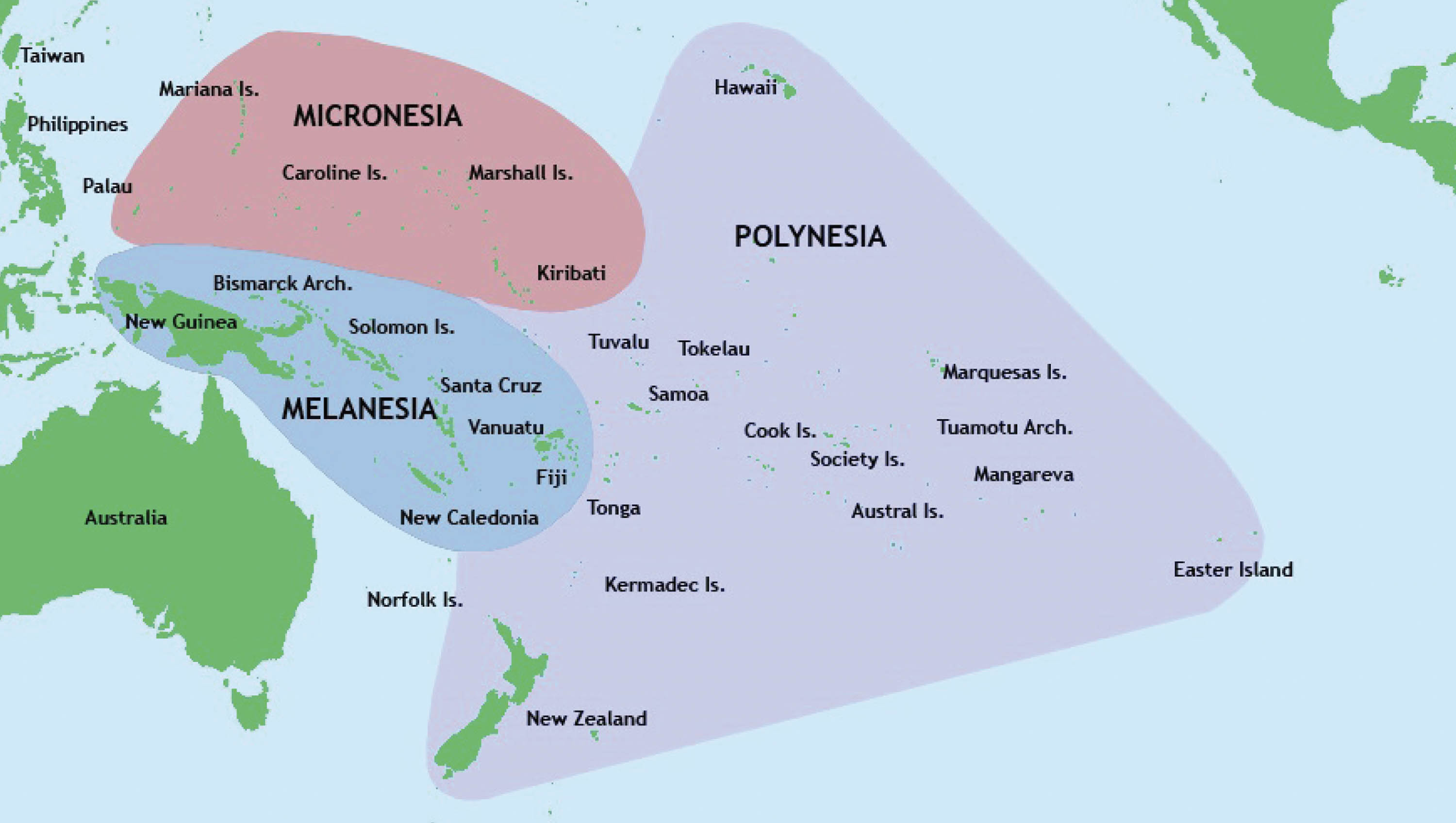 Map of the Pacific Ocean off the coast of Australia and New Zealand showing the cultural communities of Micronesia, Melanesia, and Polynesia along with the islands belonging to each.