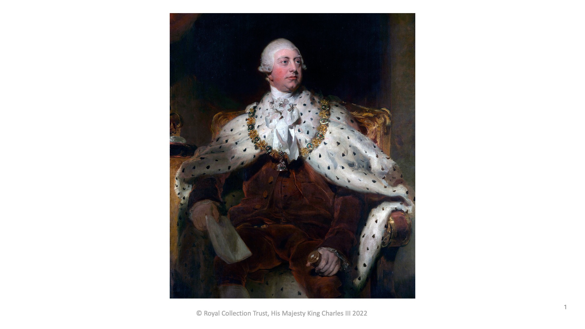 Gifts from the West: Portraits of George III and Queen Charlotte, along with a book of pictures of notable people of England and their estates.