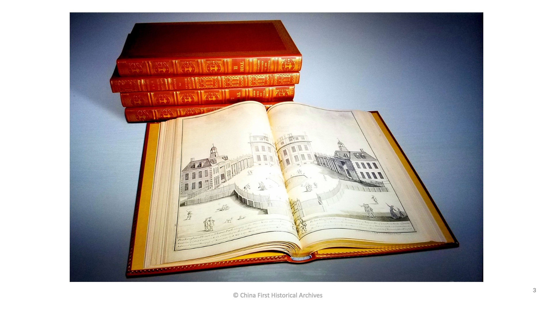 Gifts from the West: Volumes of copperplate prints, including images of cities, fortresses, bridges, chapels, and gardens.