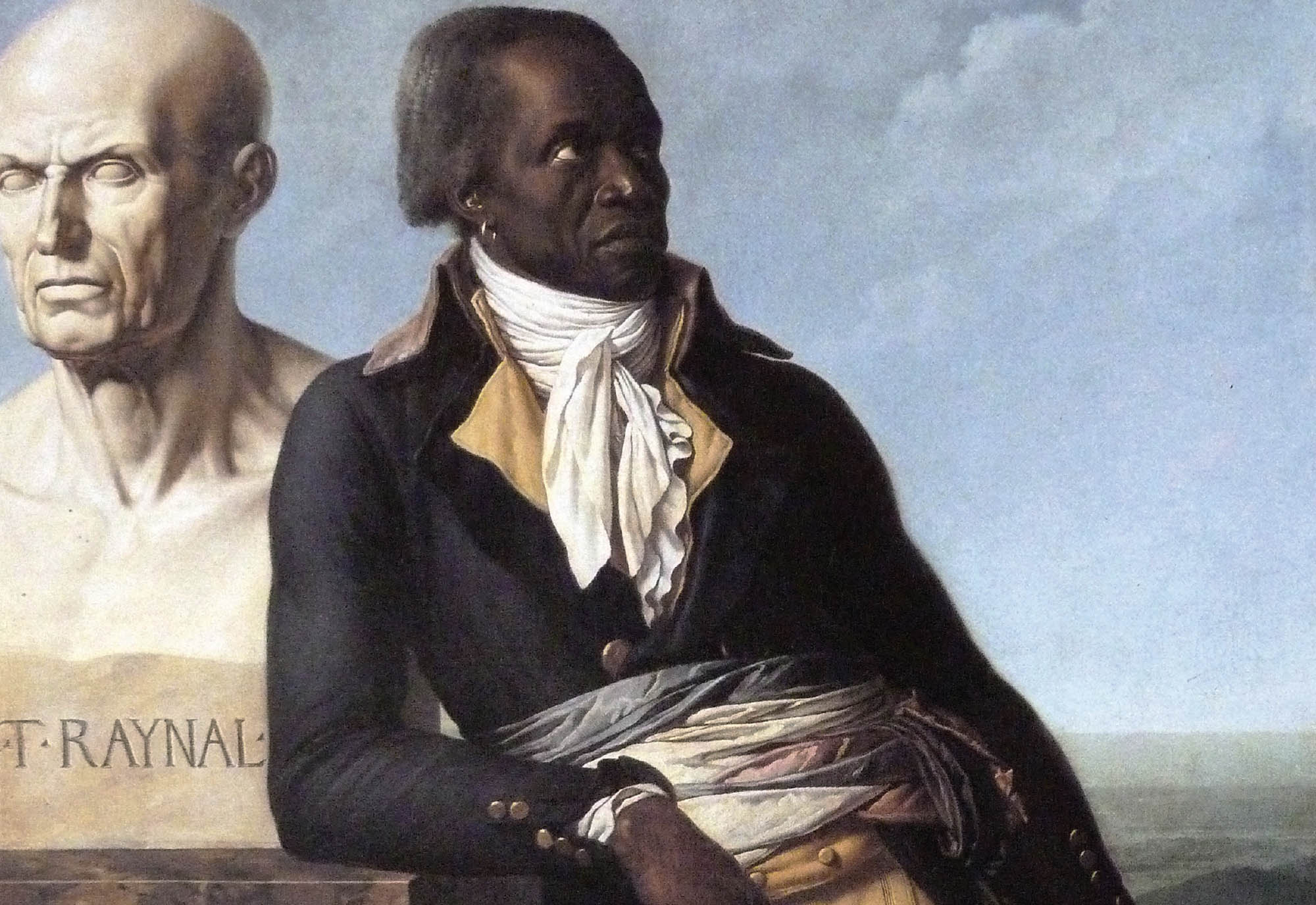 Painting of J.B. Belley, a deputy for Saint Domingue, looking off into the distance while leaning on a bust.