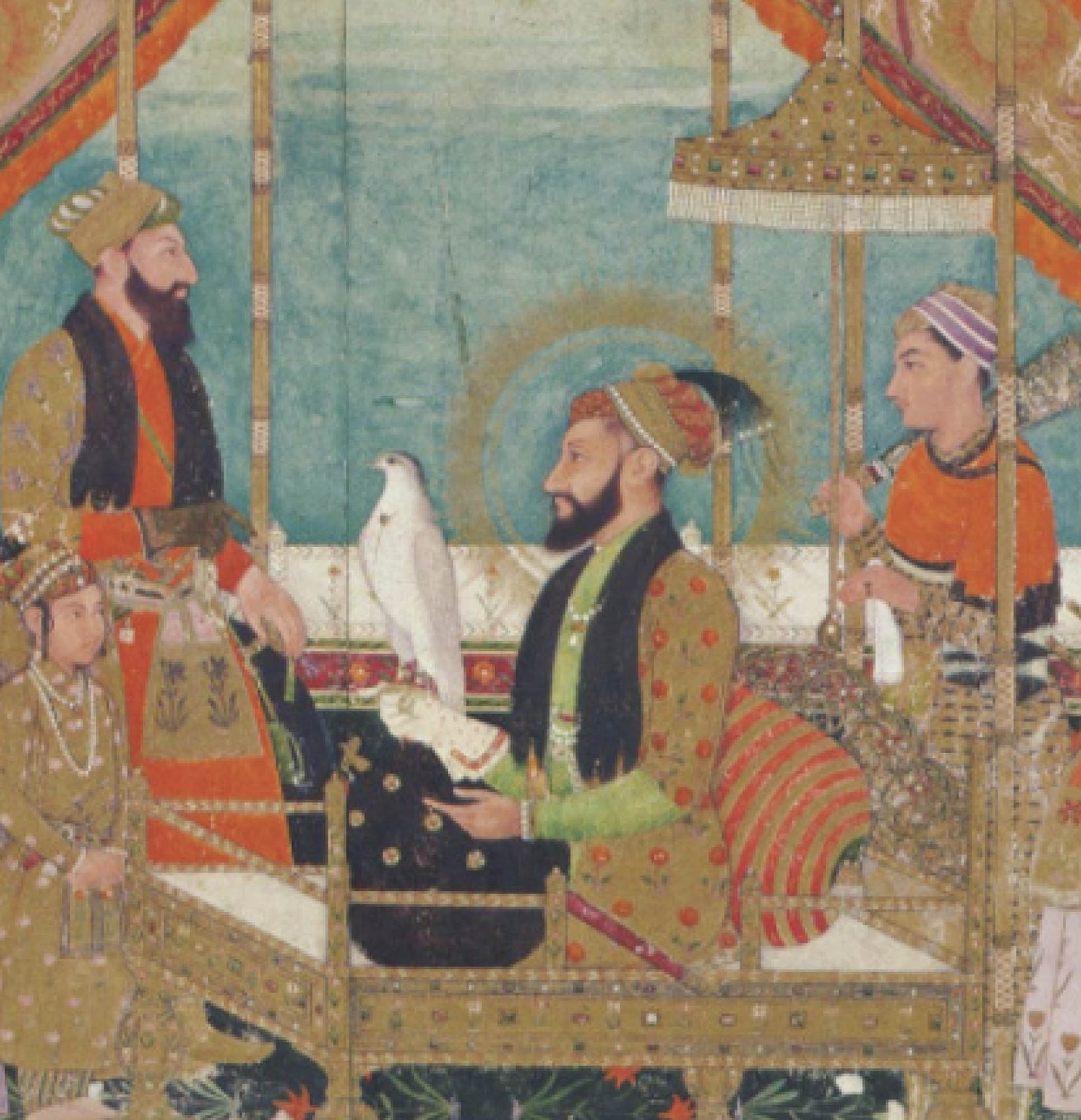 Painting of an emperor sitting on his throne, carrying a bird and surrounded by nobles and a young boy.