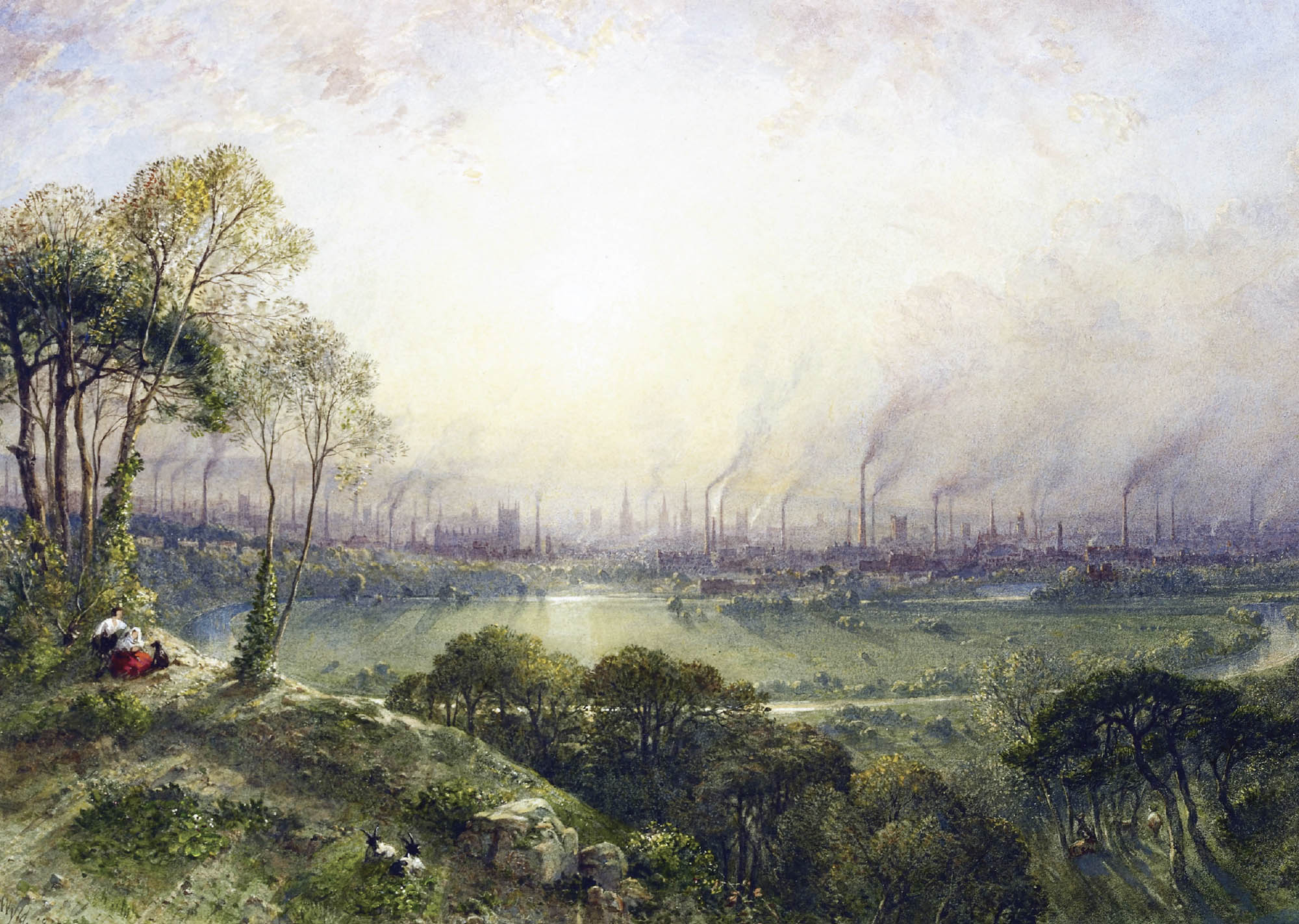 Painting of an industrialized city with lots smoke billowing from pipes and factories. A couple and their dog can be seen sitting on top of a hill overlooking the city.