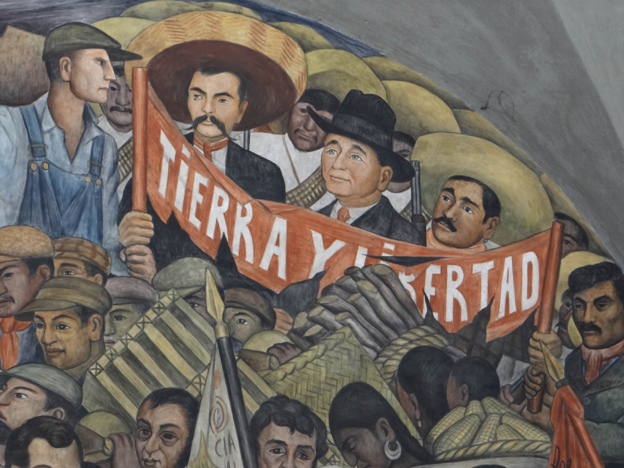 Illustration of several men crowded together, holding a political banner.