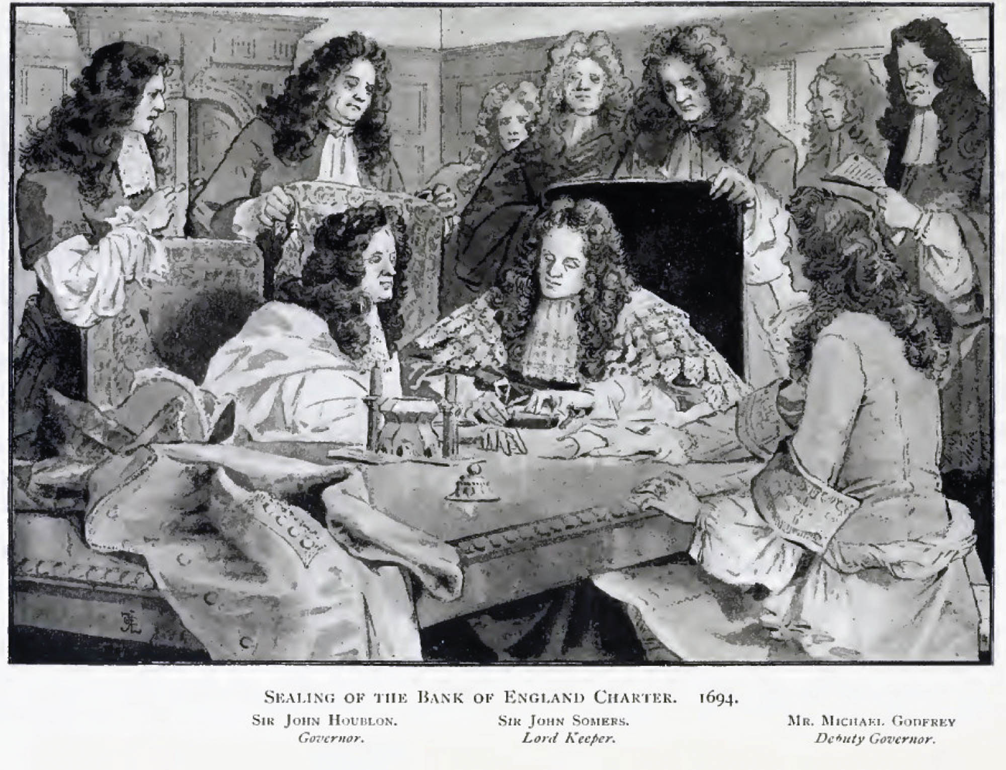 Drawing of a group of men wearing powdered wigs sitting around a table. One man is shown placing a seal on a charter.