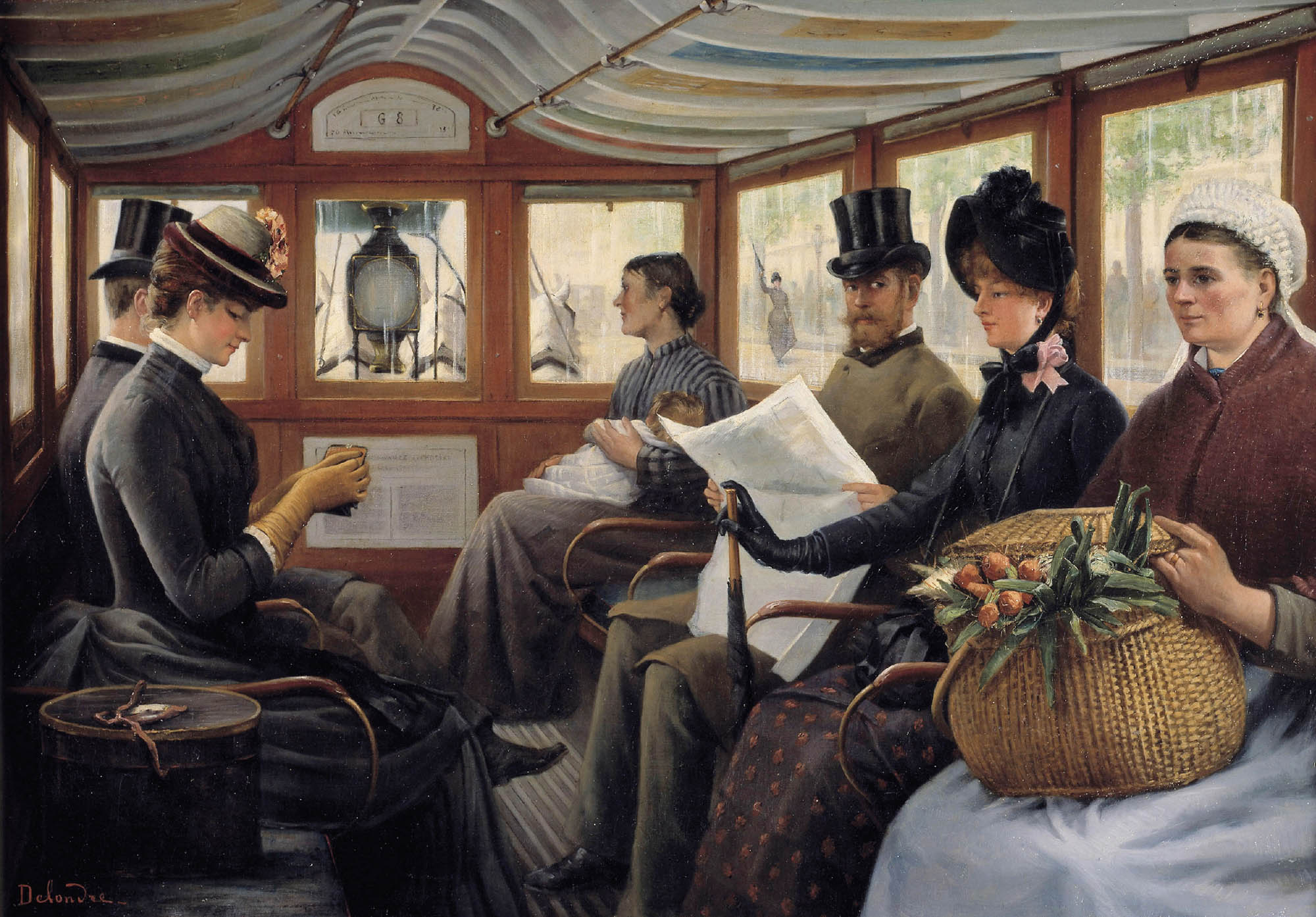 Painting of several upper-class men and women sitting on a train. One of the men is staring at a lower-class woman who is carrying a wicker basket filled with flowers. Another poorer woman is depicted holding a baby on the other side of the car.
