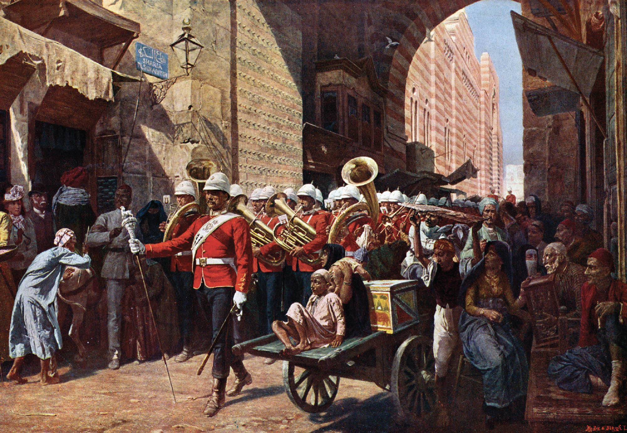 Painting of men in red military uniforms playing tubas and trumpets as they march down a crowded road.   