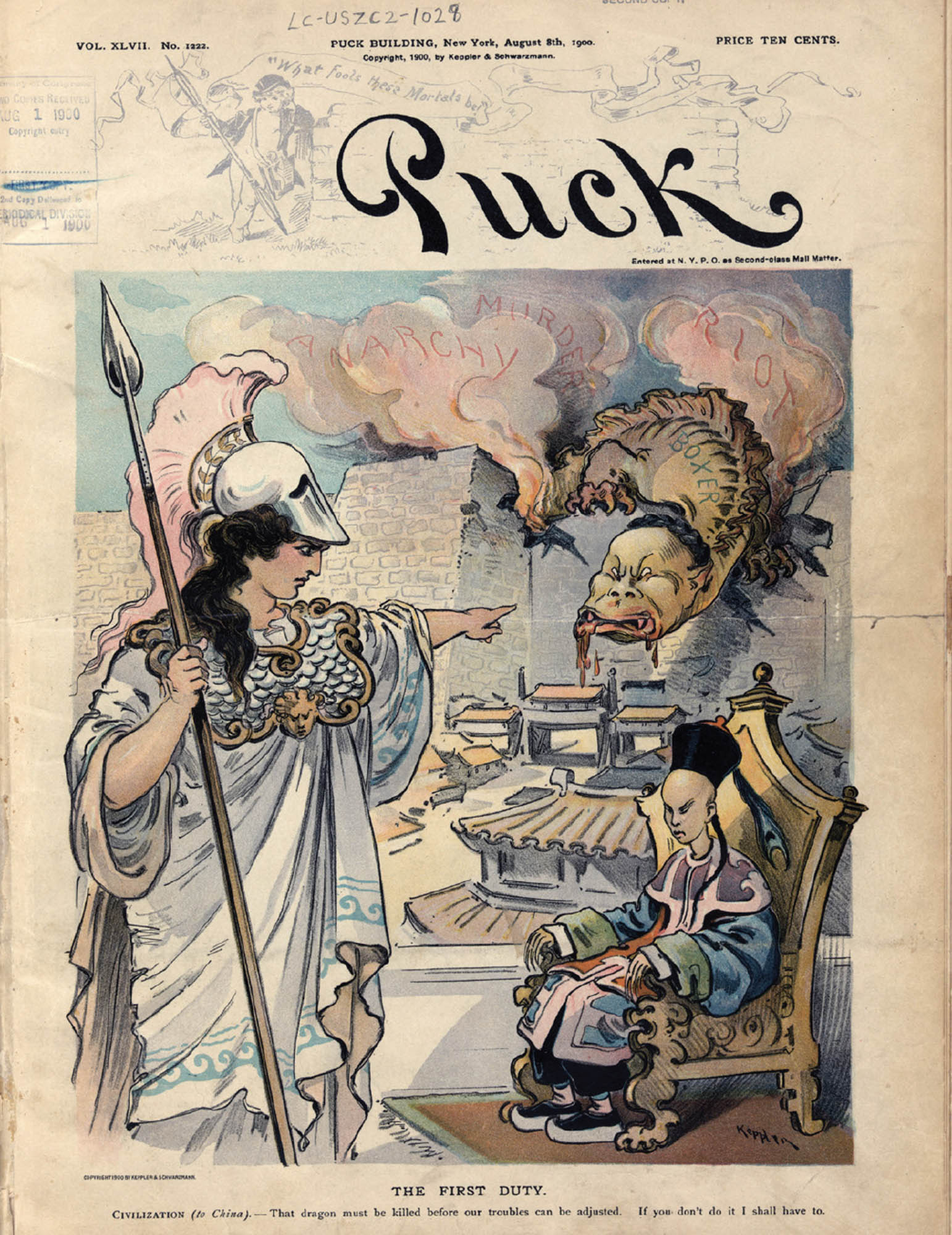 Drawing of a British soldier dressed in ornate military garb, holding a spear. The soldier is standing in front of a Chinese emperor and is pointing towards a walled off city being tormented by a dragon. The words “anarchy”, “murderer”, and “riot” are written in the smoke rising above the dragon.  