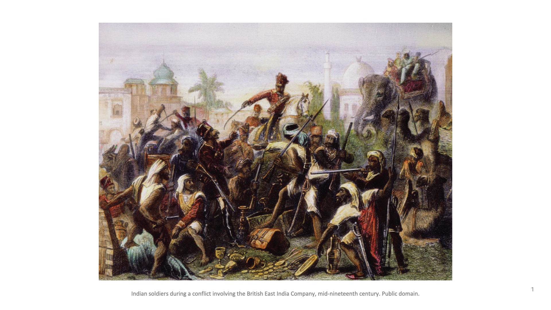 Indian soldiers during a conflict involving the British East India Company, mid-nineteenth century.