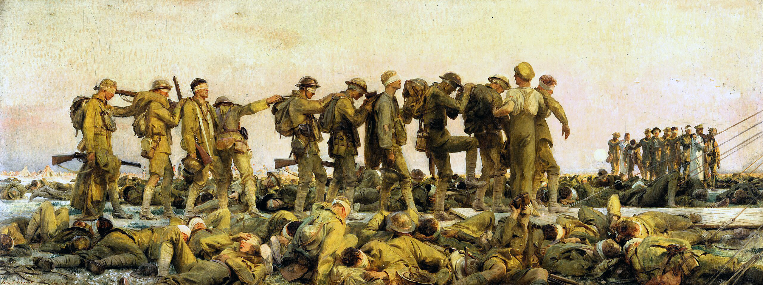 Painting of injured soldiers walking forward by holding on to the shoulder of the man in front of them. Gauze is wrapped around their heads and eyes making it difficult for them to see.  