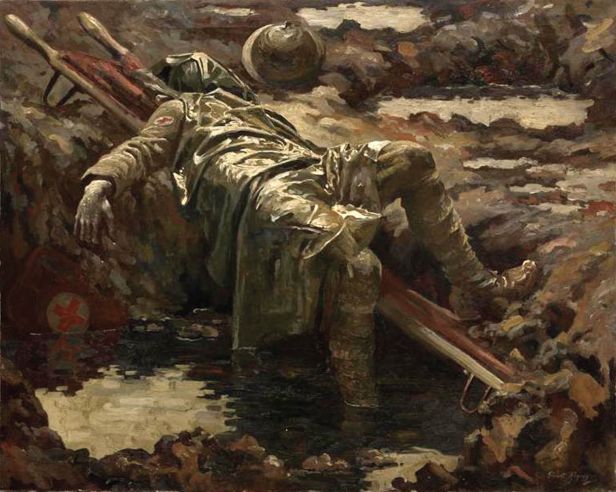 Painting of a dead soldier lying on a stretcher in the mud.