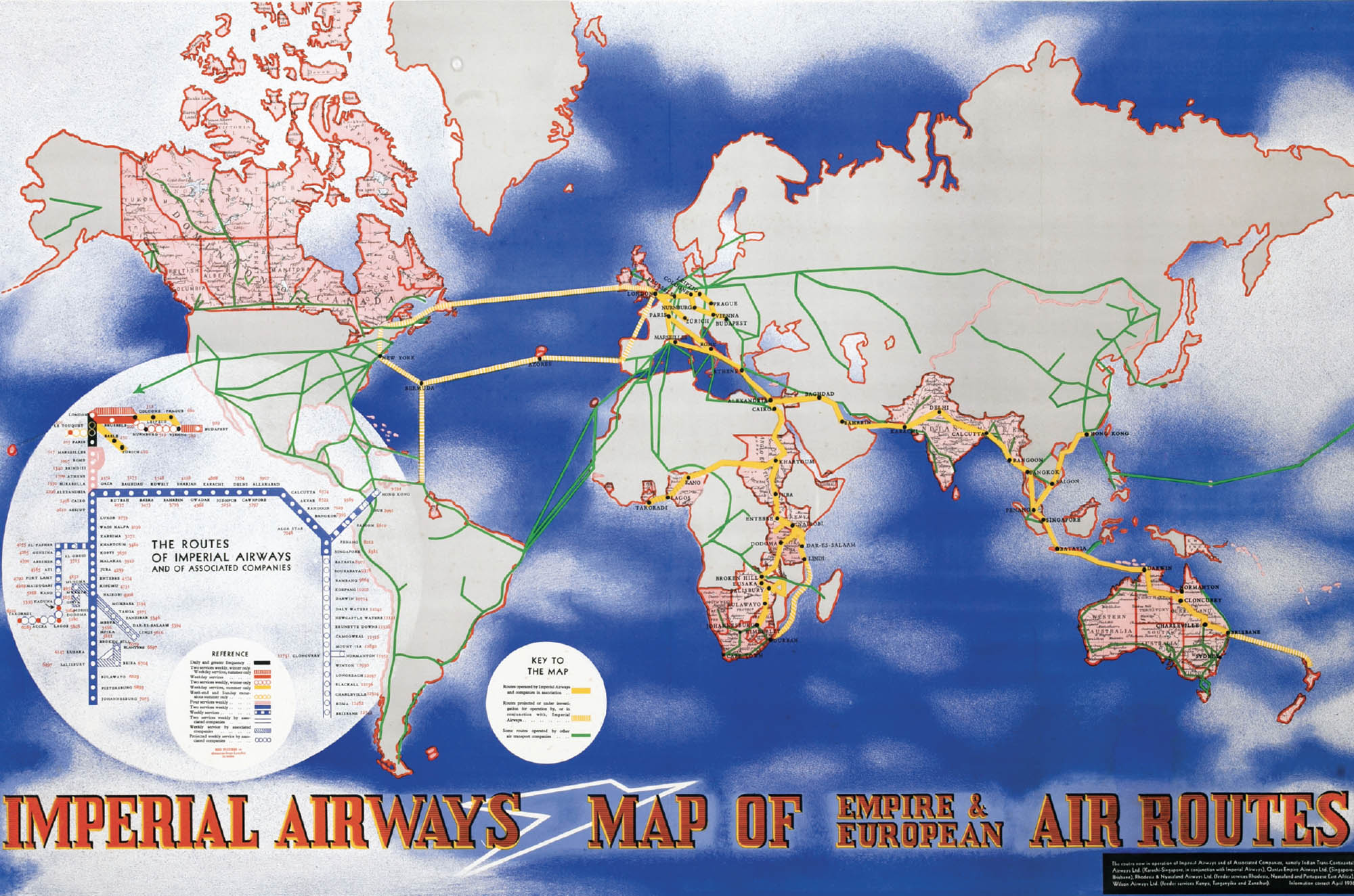 Imperial Airways map of the world showing airline routes of empire and European destinations.
