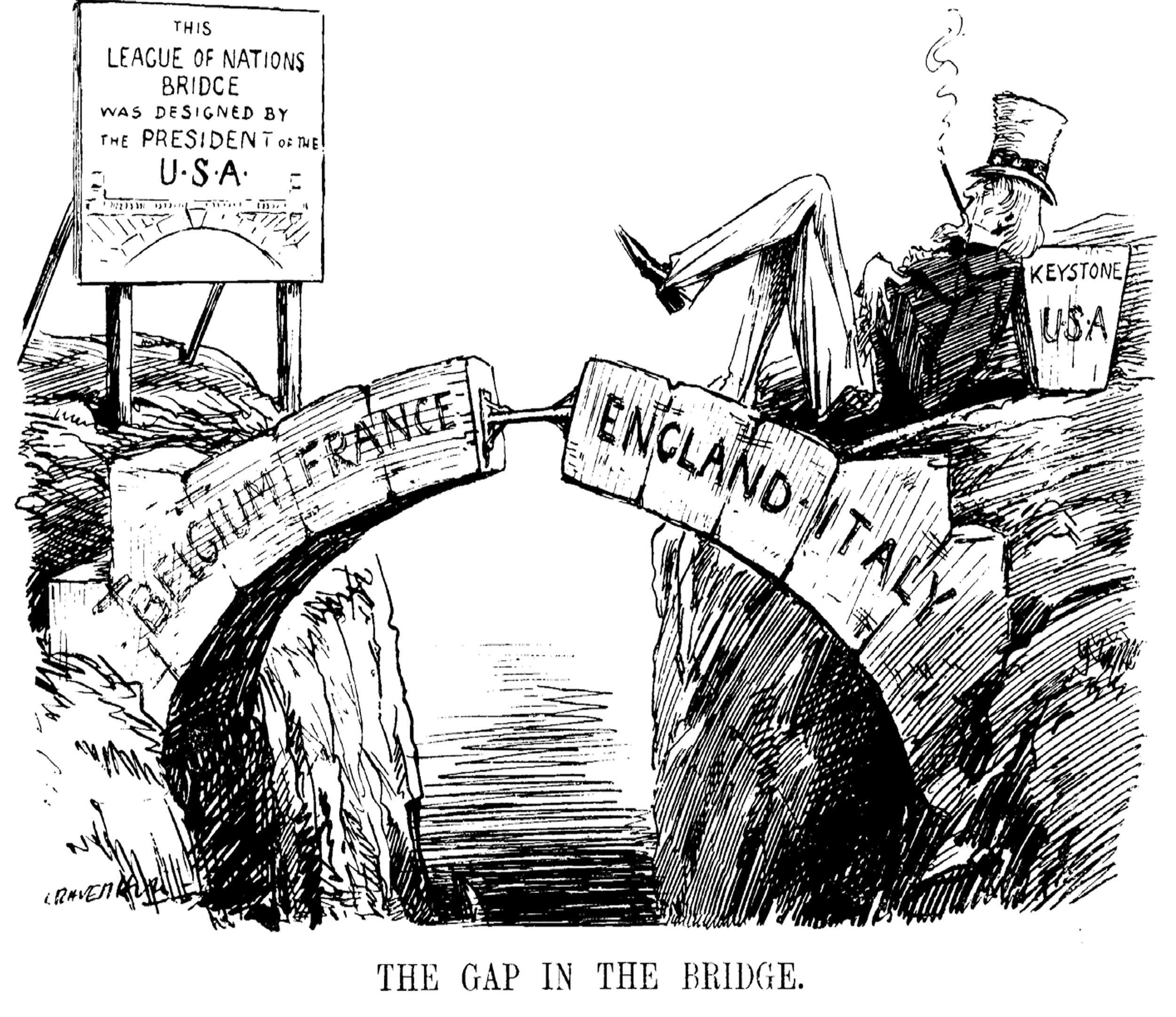 Satirical carton showing Uncle Sam sitting, leaning against a keystone that would complete the Belgium-France and England-Italy bridge. The caption reads, “The Gap in the Bridge.”