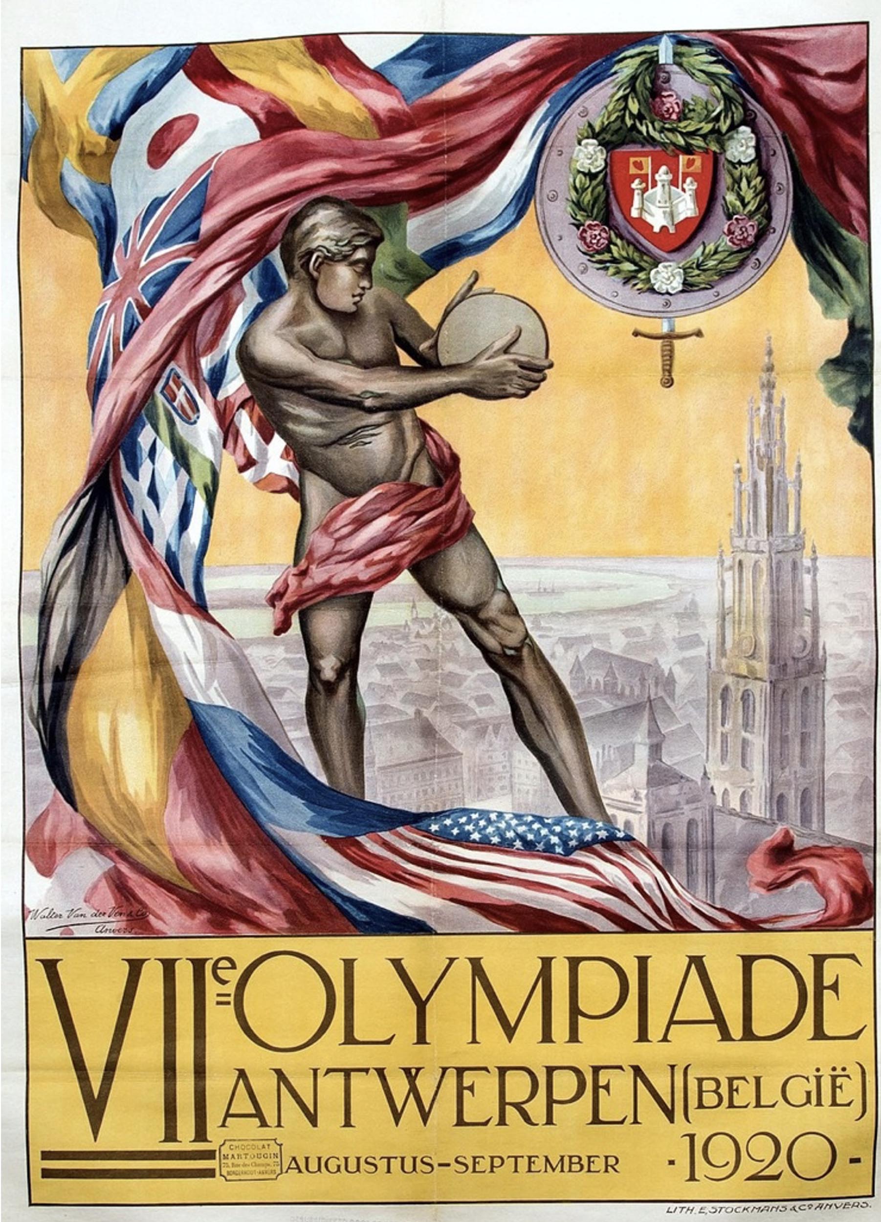 Colorful poster for the 1920 Olympics in Antwerp, Belgium. An athlete is preparing to throw a discus. There is a city in the background and a mix of world flags creates a frame.