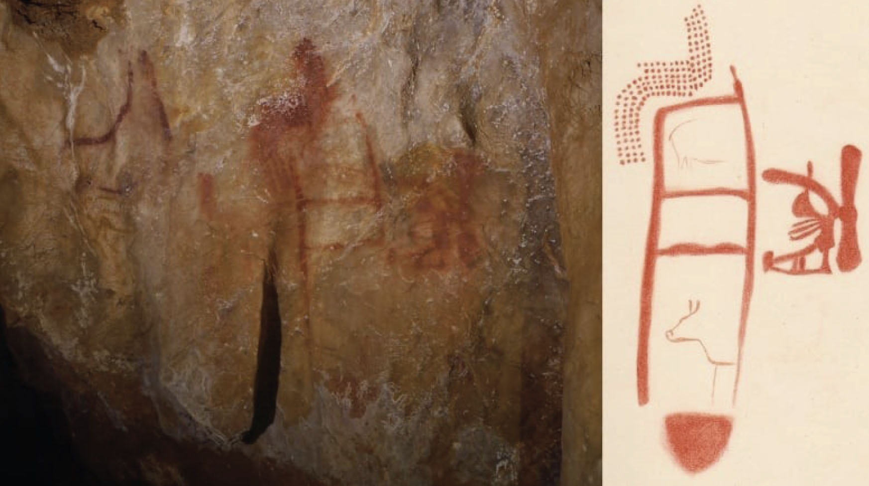 Cave painting looks to depict a person sitting on top of a structure. On lower levels of the structure are animals. Next to the photo of the cave wall is a drawn image intended to make the drawing more clearly visible, as the cave image is difficult to make out.