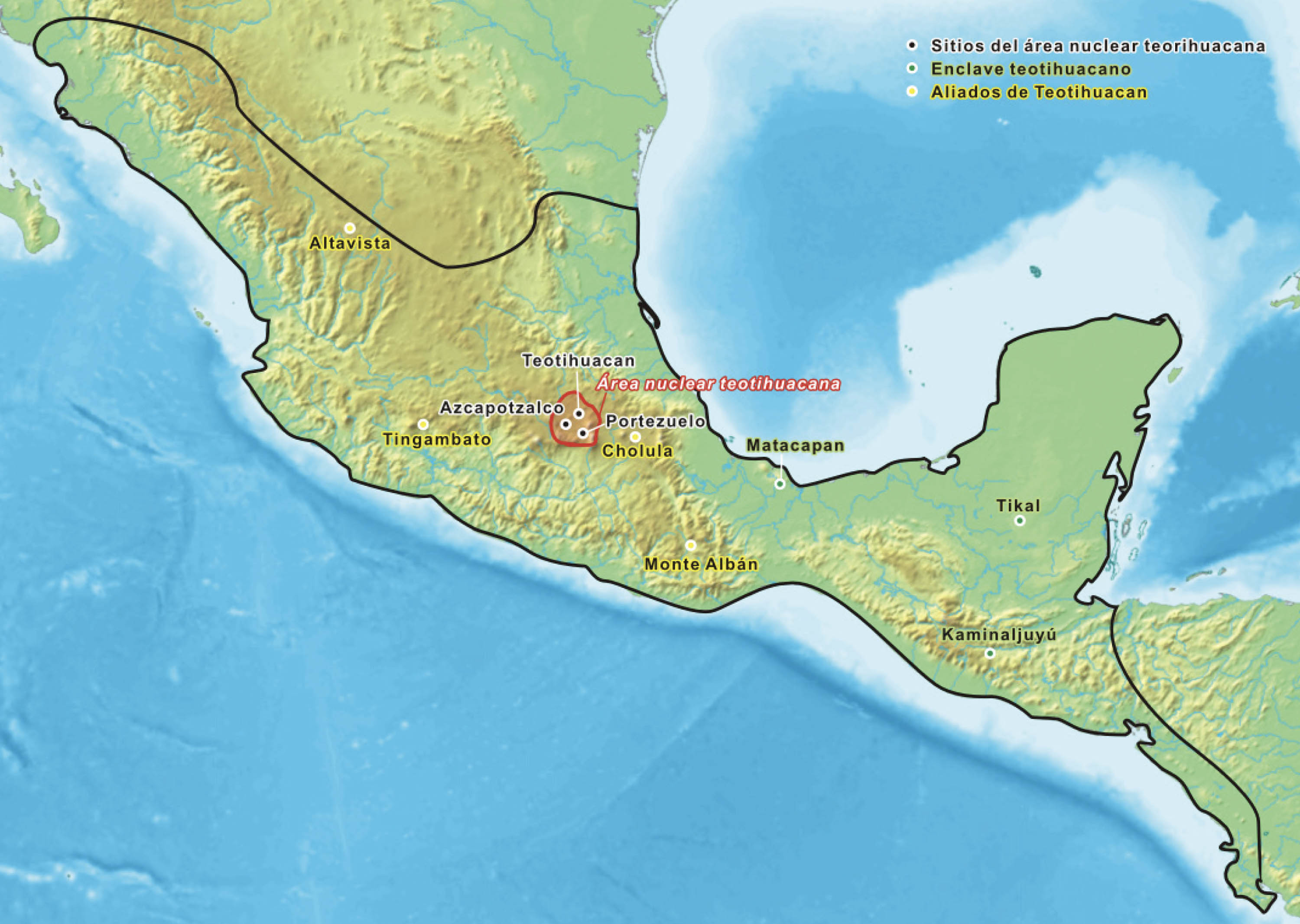 Map shows Teotihuacan in relation to the cities it was allied with and controlled.