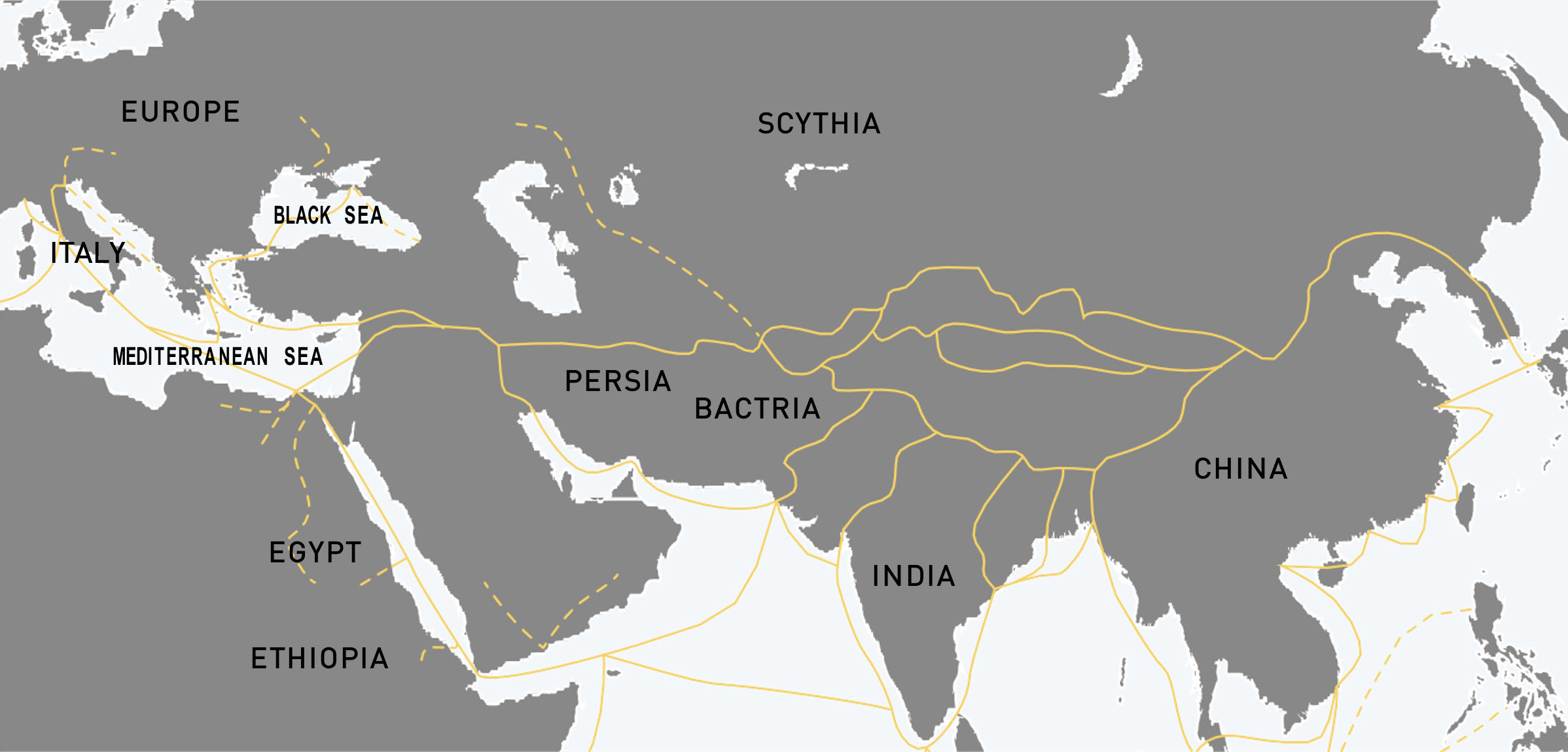 Map of the trade routes through Europe, across the Mediterranean Sea, through Egypt, around India, and over to China