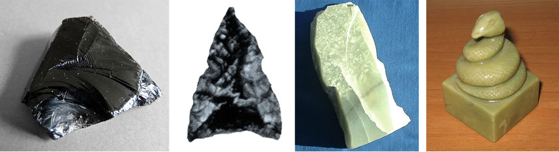 Images showing obsidian in various forms: in its raw form, sharpened to a point for use as a tool, and carved into a detailed snake