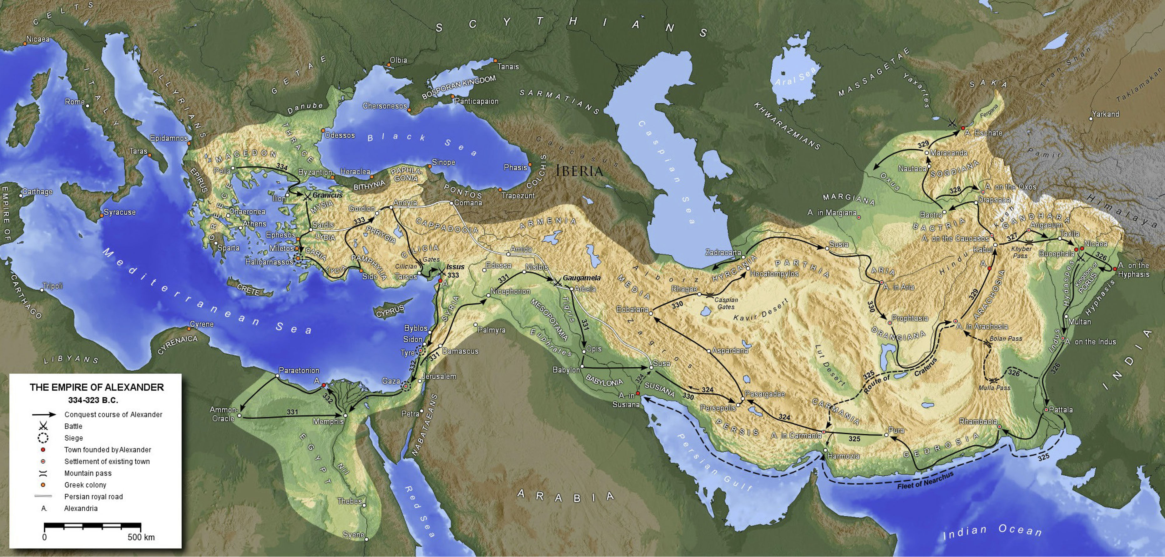 Map shows Alexander the Great’s empire and the route he took on his journey to conquer and grow his empire. Towns founded by Alexander and places where battles took place are shown on the map.
