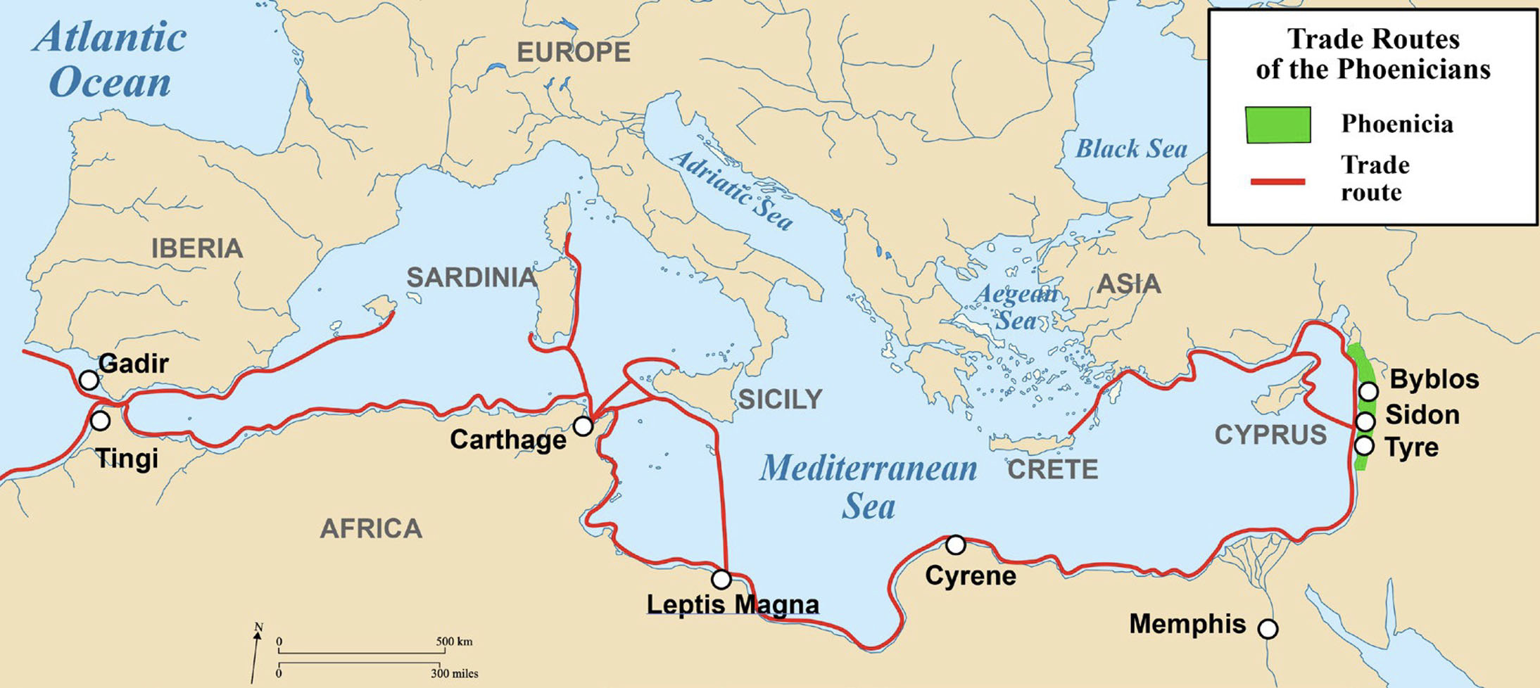 Map of Phoenicia, a very small area near Cyprus, and the vast trade routes that stemmed from it