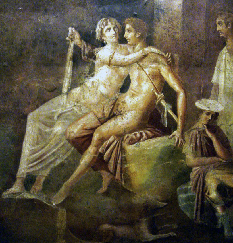 Painting depicts four people, two in the forefront of the painting and two in the background. The frontmost two are seated, mostly nude, the woman’s arms draped around the man’s shoulders.