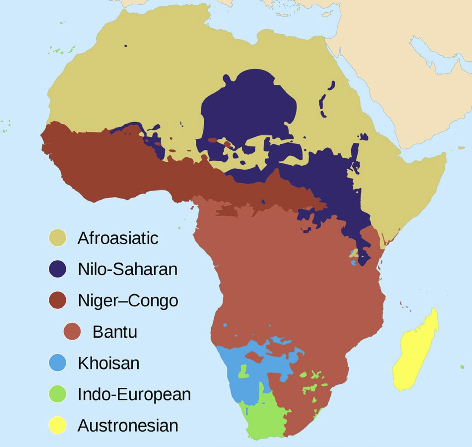 Map shows the regions where different major African language groups are spoken