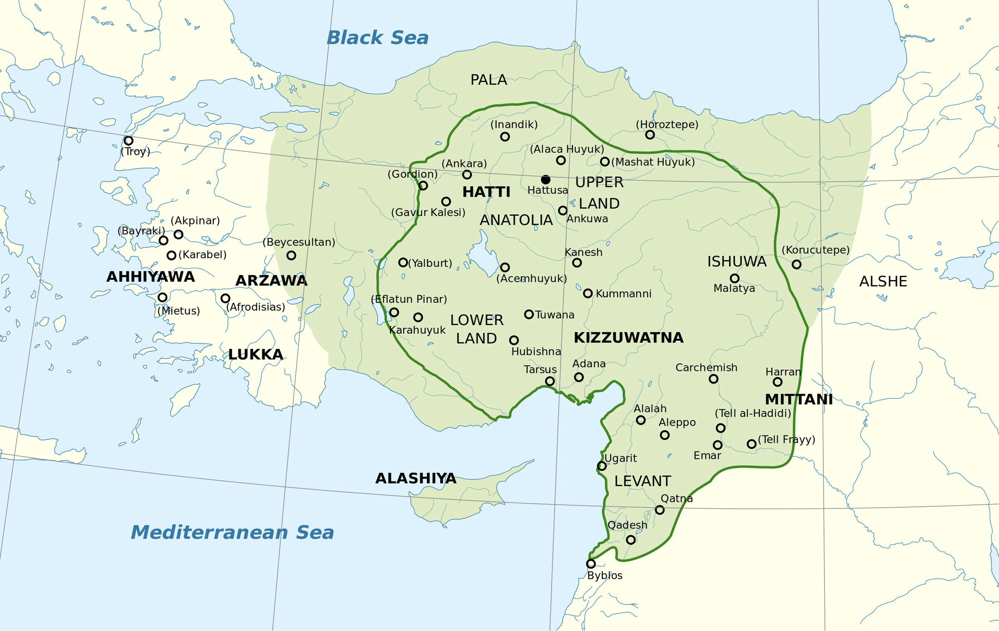 Map shows the region ruled by the Hittite Empire