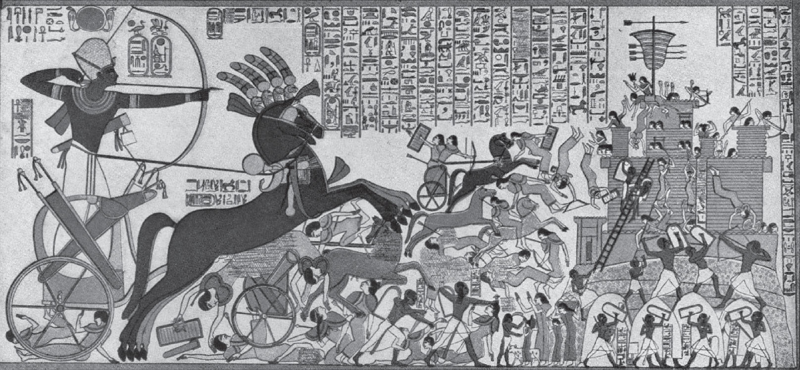 A detailed drawing showing an enlarged Ramesses II on horseback pointing an arrow at a large number of people