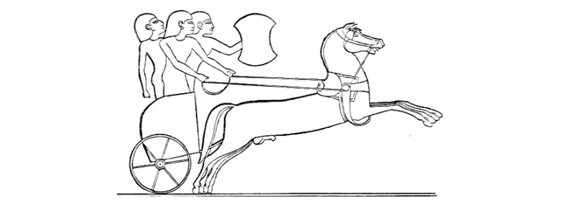 Simple drawing shows three people on a chariot being drawn by horse