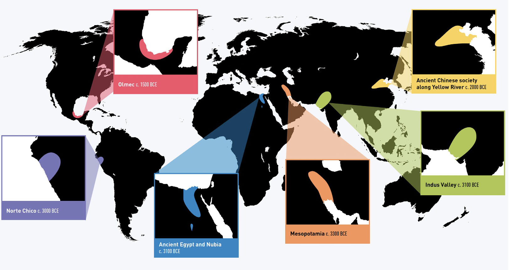 World map showing places of the first agrarian societies around the world.