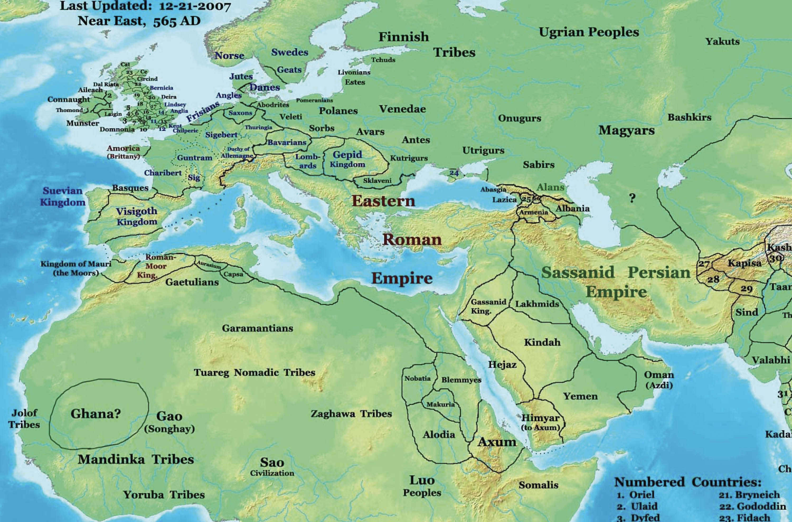 Map shows the locations of sixth-century empires, including Aksum