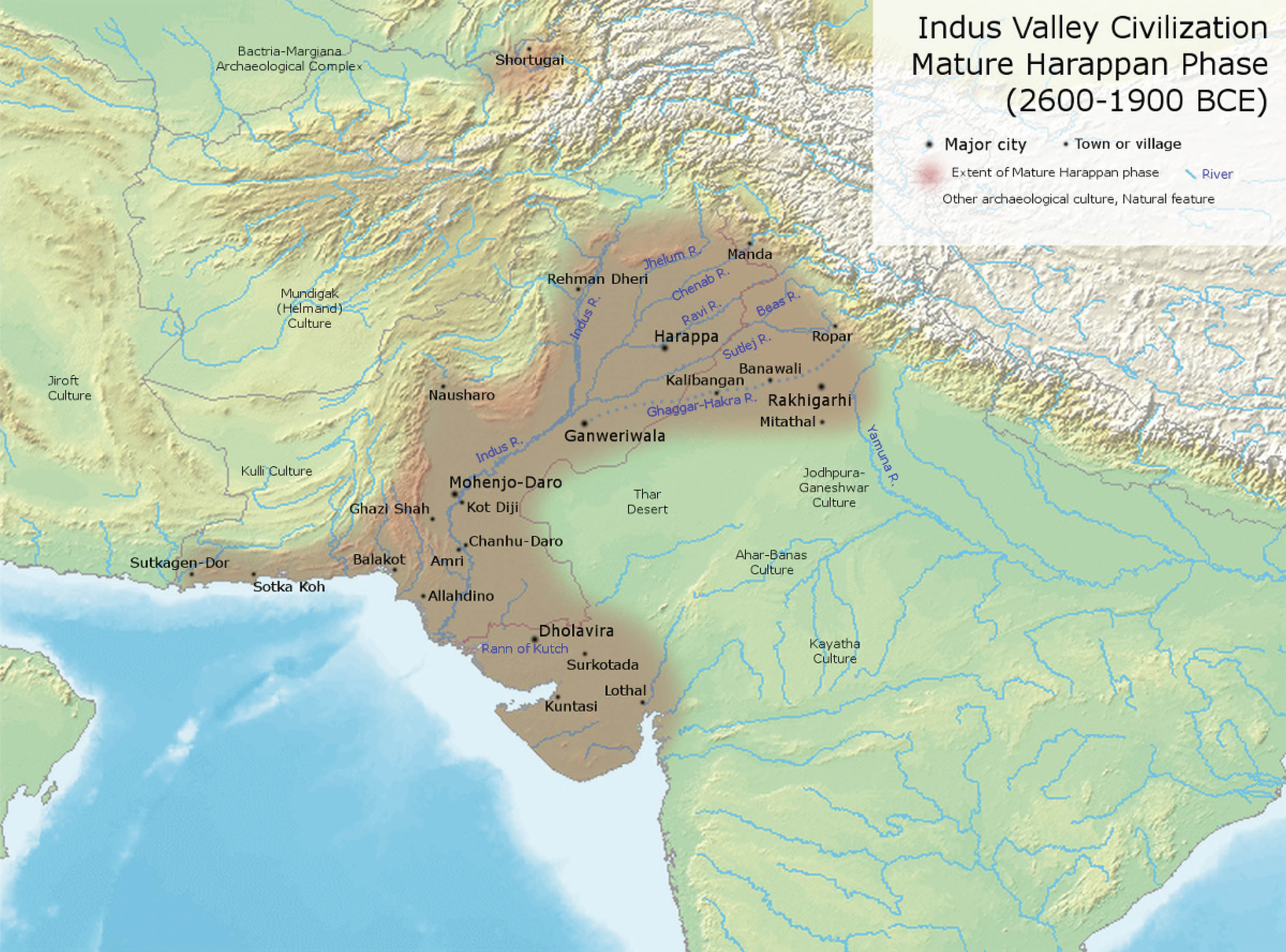Map image shows the extent of the Indus River Valley society. The society existed along and around the perimeter of the river.