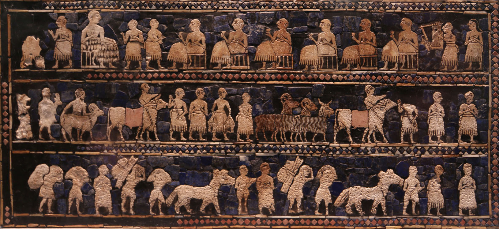 Paneled artwork depicting a journey. There are domesticated animals and people carrying large packs.  