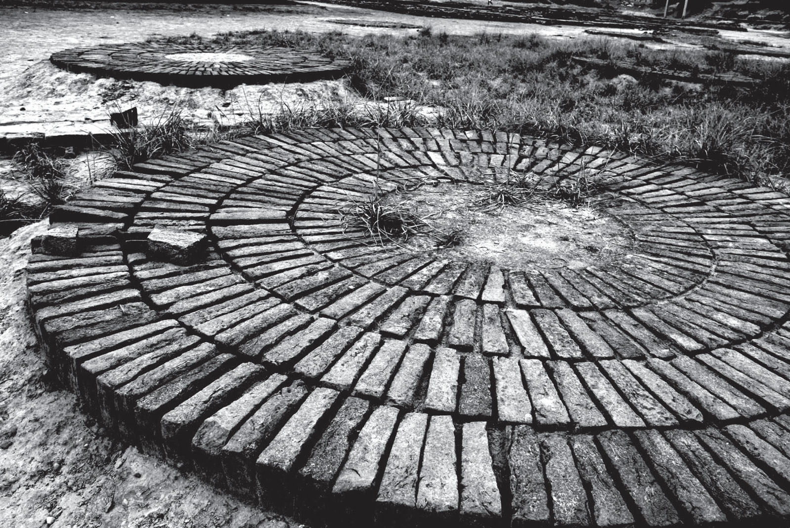Photo shows circular arrangements of bricks surrounding a round patch of ground. Grasses are growing outside of the brick arrangements