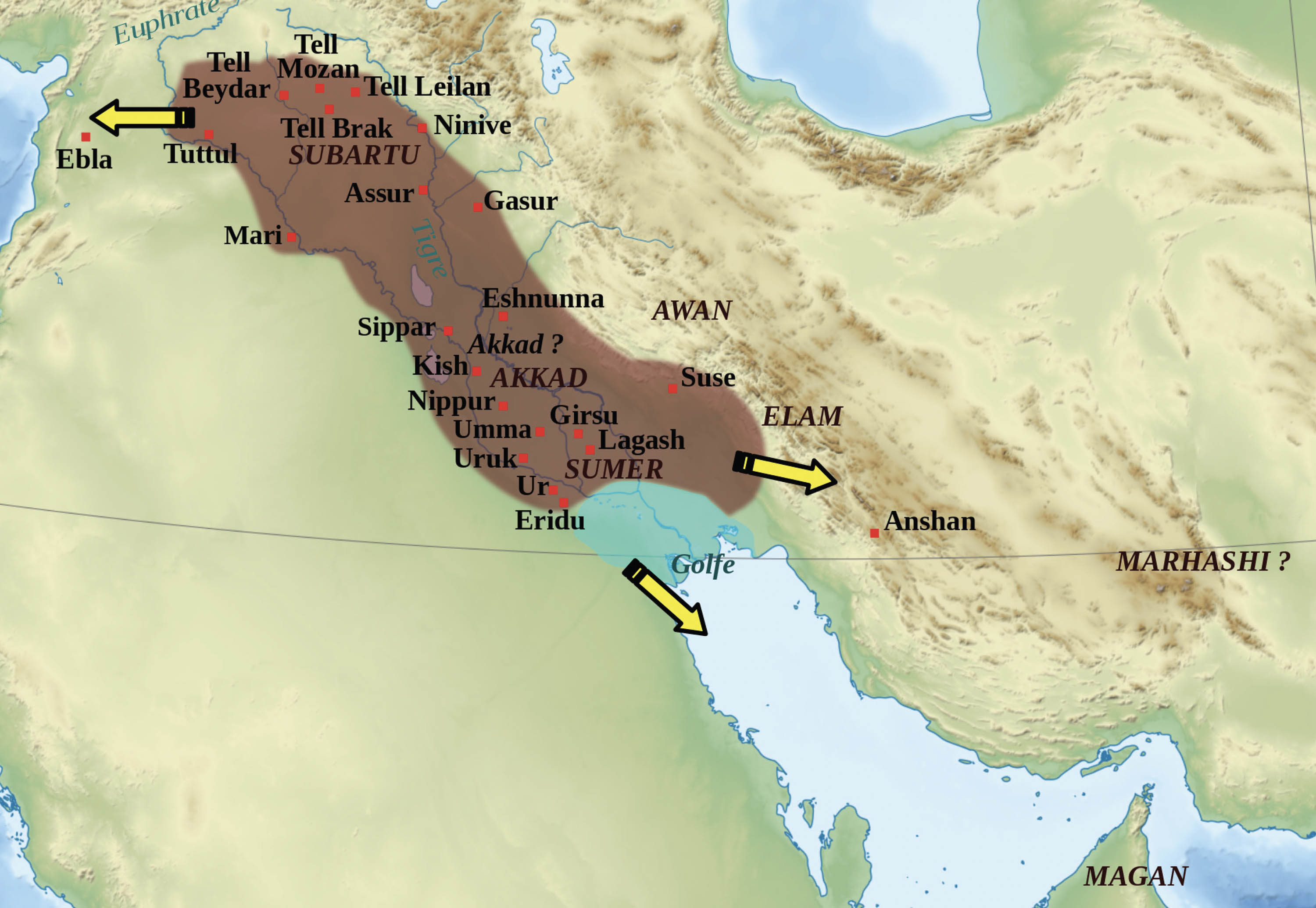 Map shows the area ruled by the Akkadian Empire