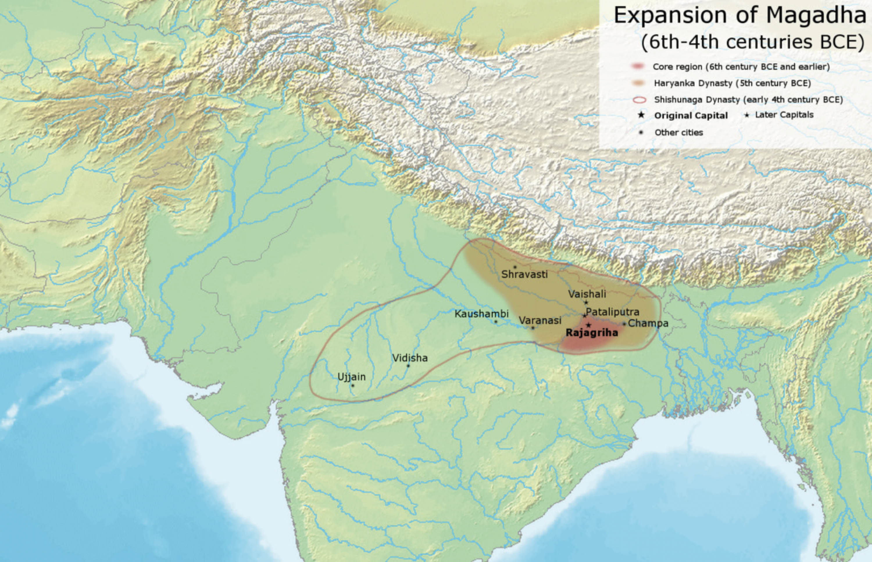 Map shows a comparison between the size of the area ruled by the Magadha empire and the center of the empire, Rajagriha, which is very small in comparison.
