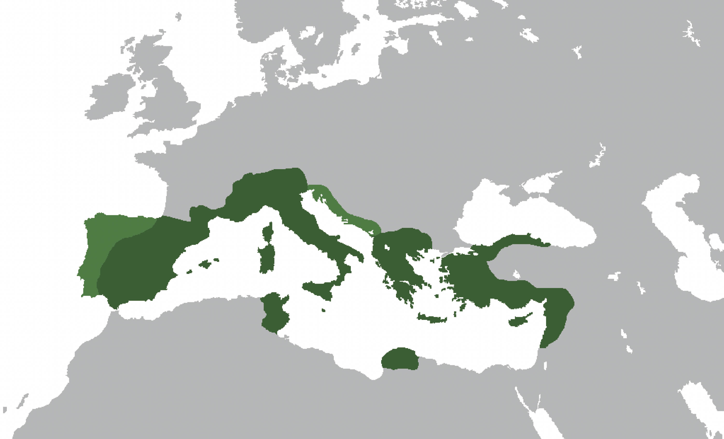 Map features areas in green to show the areas ruled by the Roman empire. These areas are mostly around the perimeter of the area shwn, along the sea.