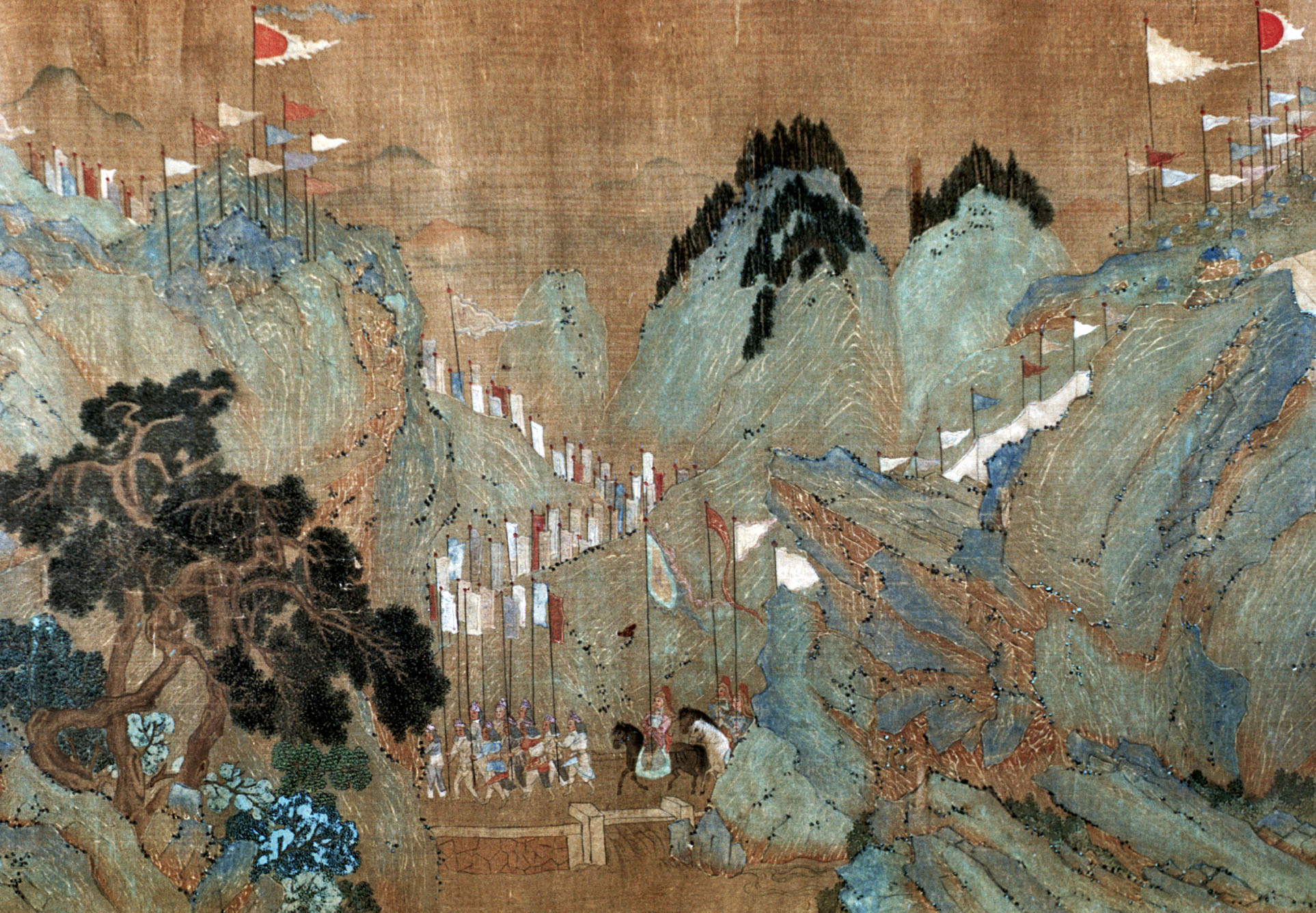 Painting shows a royal entourage coming down a green hillside, most people carrying flags. Many people are following a few people on horseback.