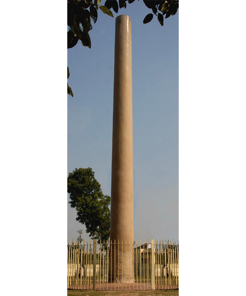 Photo of a tall, smooth pillar protected by a tall gate.